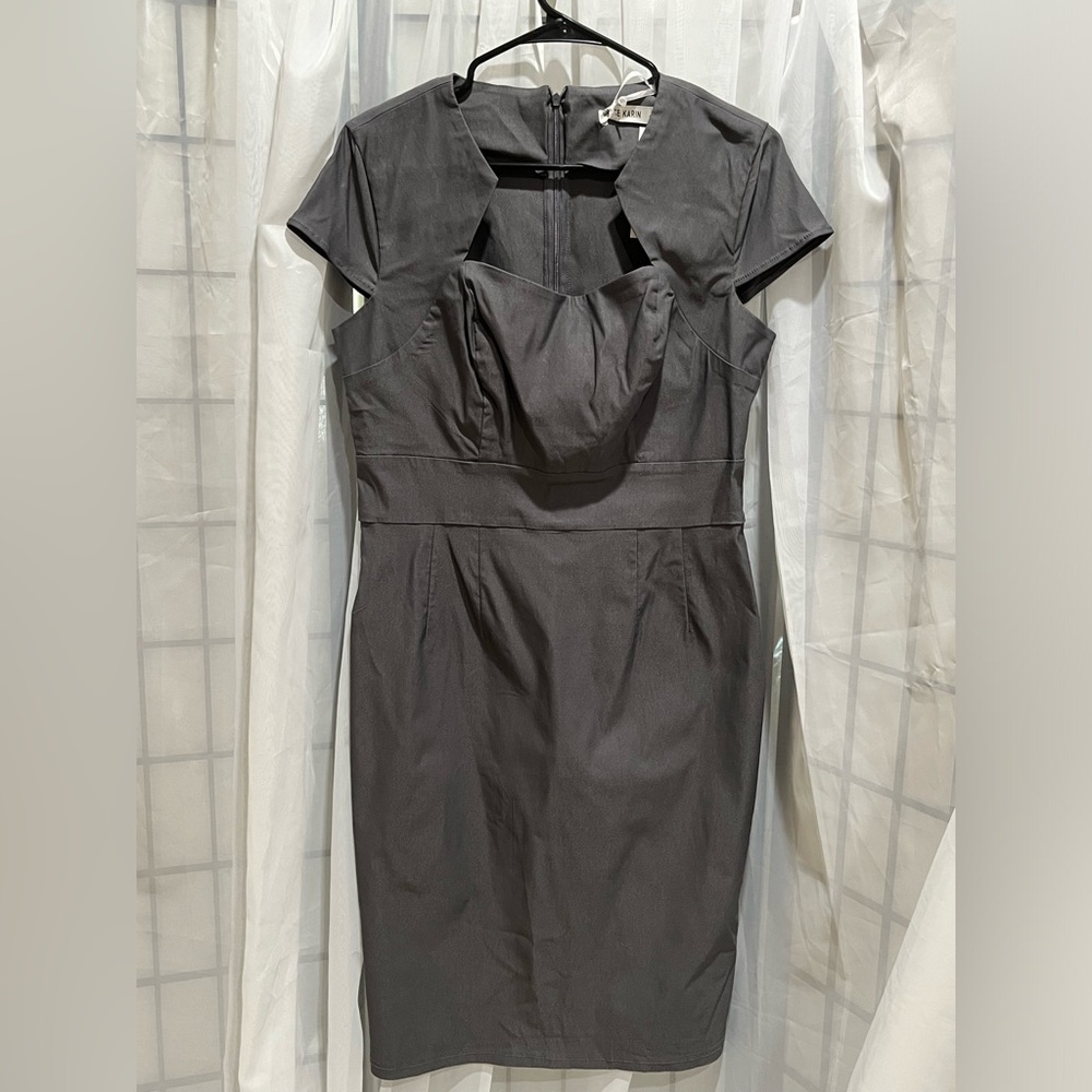 Grace Karin BODYCON Dark Gray SHEATH Dress with GEOMETRIC NECKLINE SIZE L